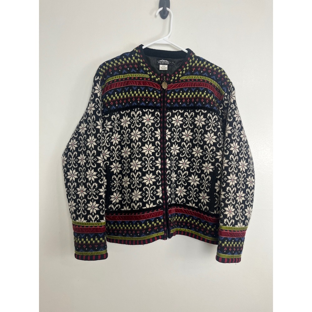 Vintage Icelandic Design Nordic Fair Isle Jacket Medium Black Wool Velvet Trim M